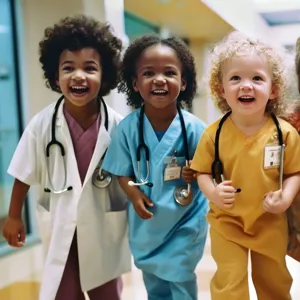 Three smiling kids wearing dresses for hospitalemployees