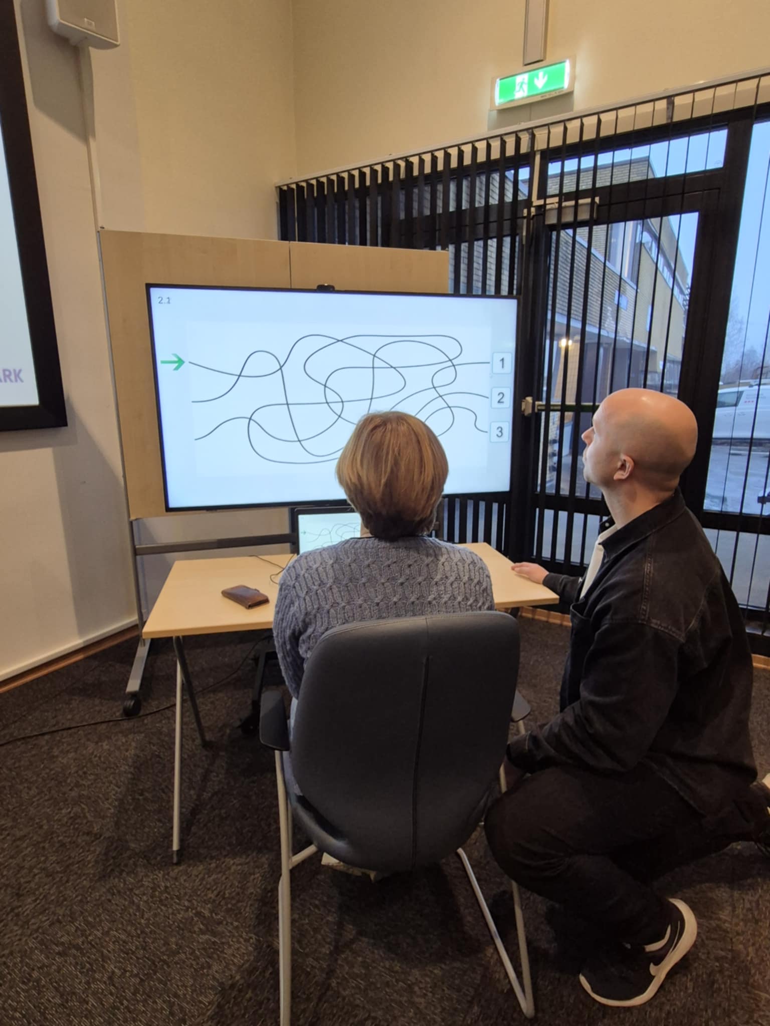 Demonstrasjon av det databaserte synstreningsprogrammet VisionBuilder som brukes til synsrehabilitering her på sykehuset. To personer sitter foran PC-en