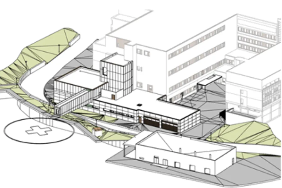 Illustrasjonstegning av akuttsenteret på sykehuset