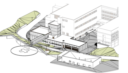 Illustrasjonstegning av akuttsenteret på sykehuset