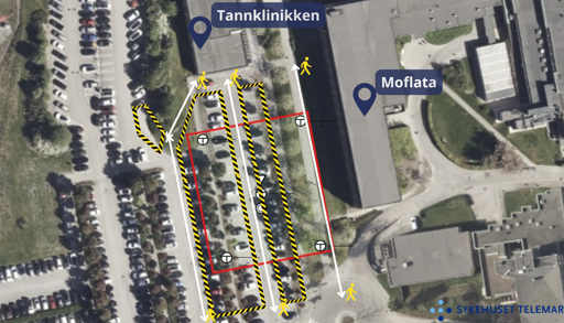 Kart over området som sperres av i området utenfor tannklinikken. To rader med parkeringsplasser nærmest Moflata vil ikke være tilgjengelig.