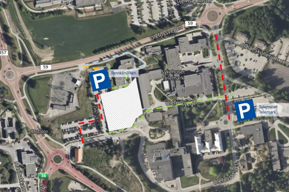 Illustrasjon over byggeområder og parkering.