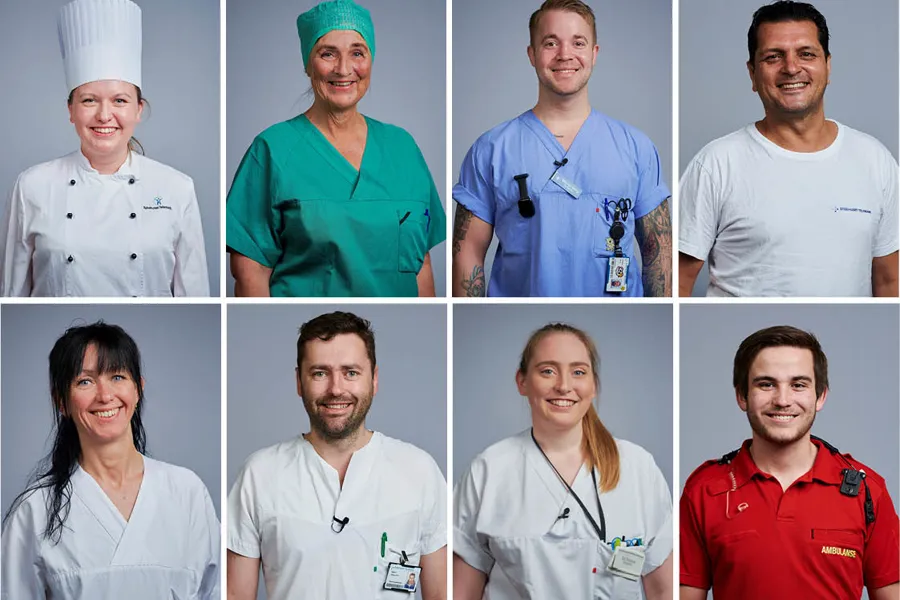 Collage av åtte ansatte på sykehuset