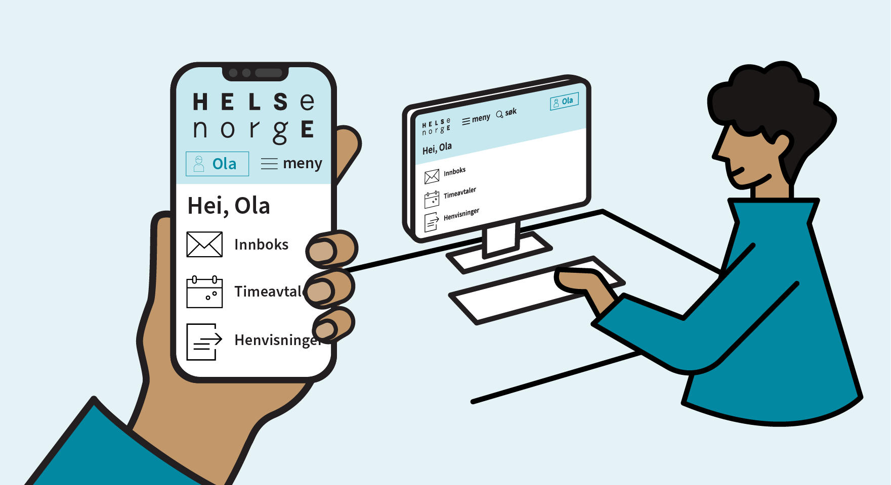 Illustrasjon: person som bruker mobil og PC