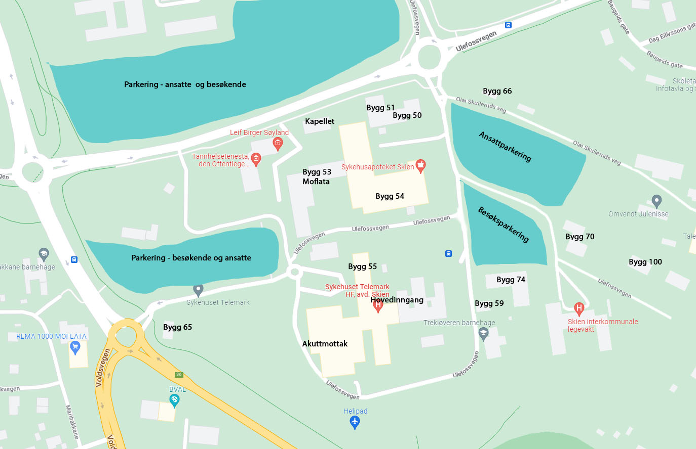 Kart over sykehusområdet i Skien, sør for Ulefossvegen med byggnr og parkering inntegnet.