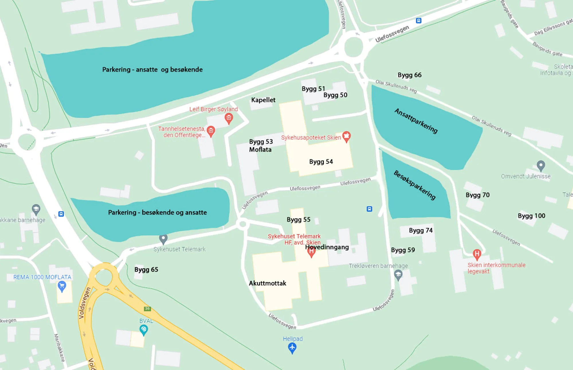 Kart over sykehusområdet i Skien, sør for Ulefossvegen med byggnr og parkering inntegnet.