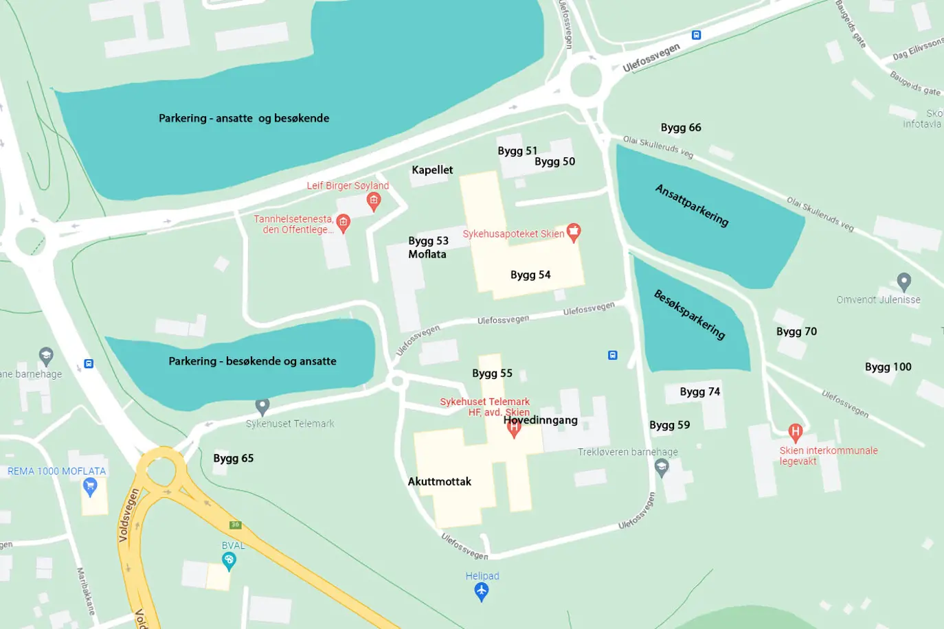 Kart over sykehusområdet i Skien, sør for Ulefossvegen med byggnr og parkering inntegnet.