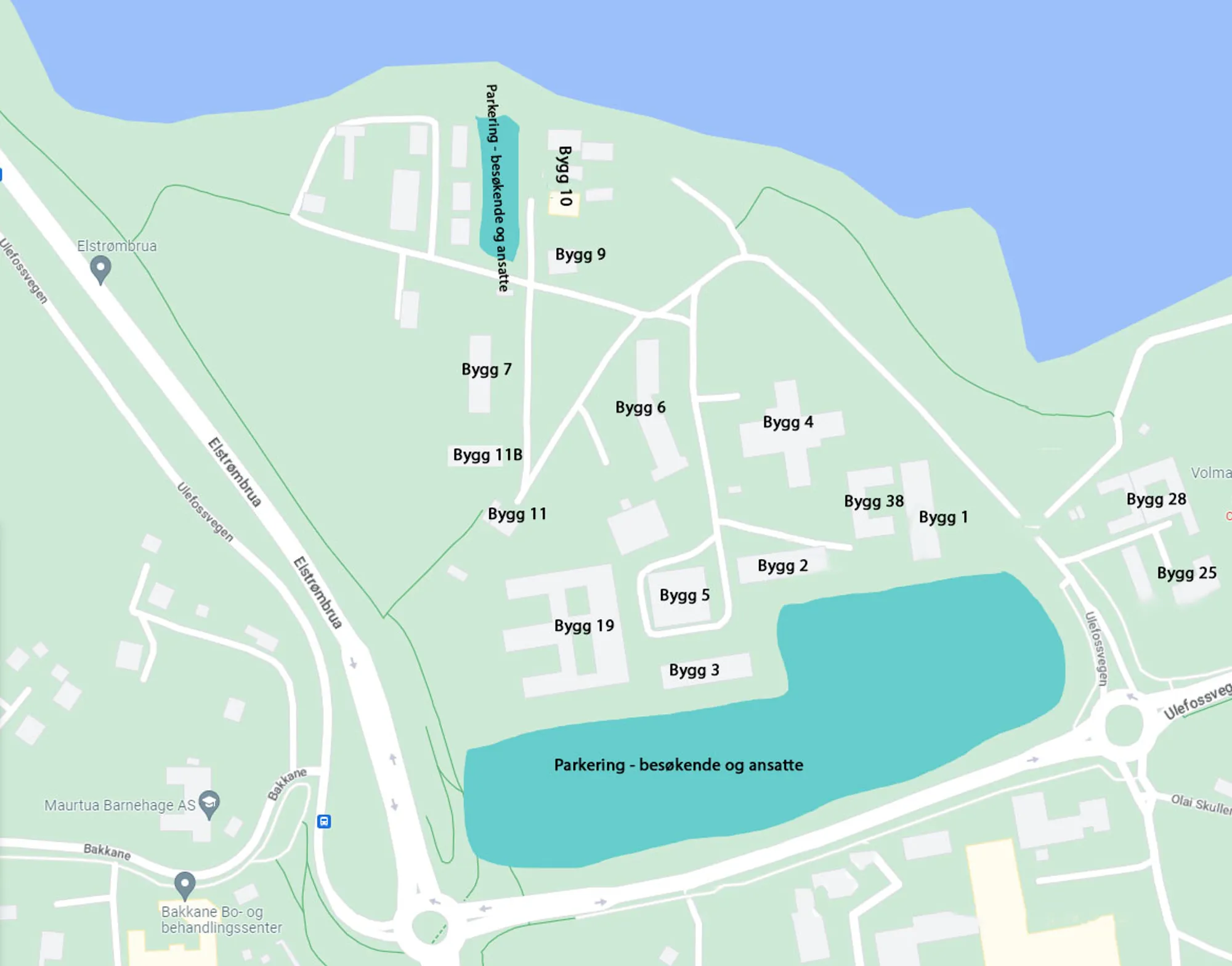 Kart over sykehusområdet i Skien, nord for Ulefossvegen med byggnr og parkering inntegnet.