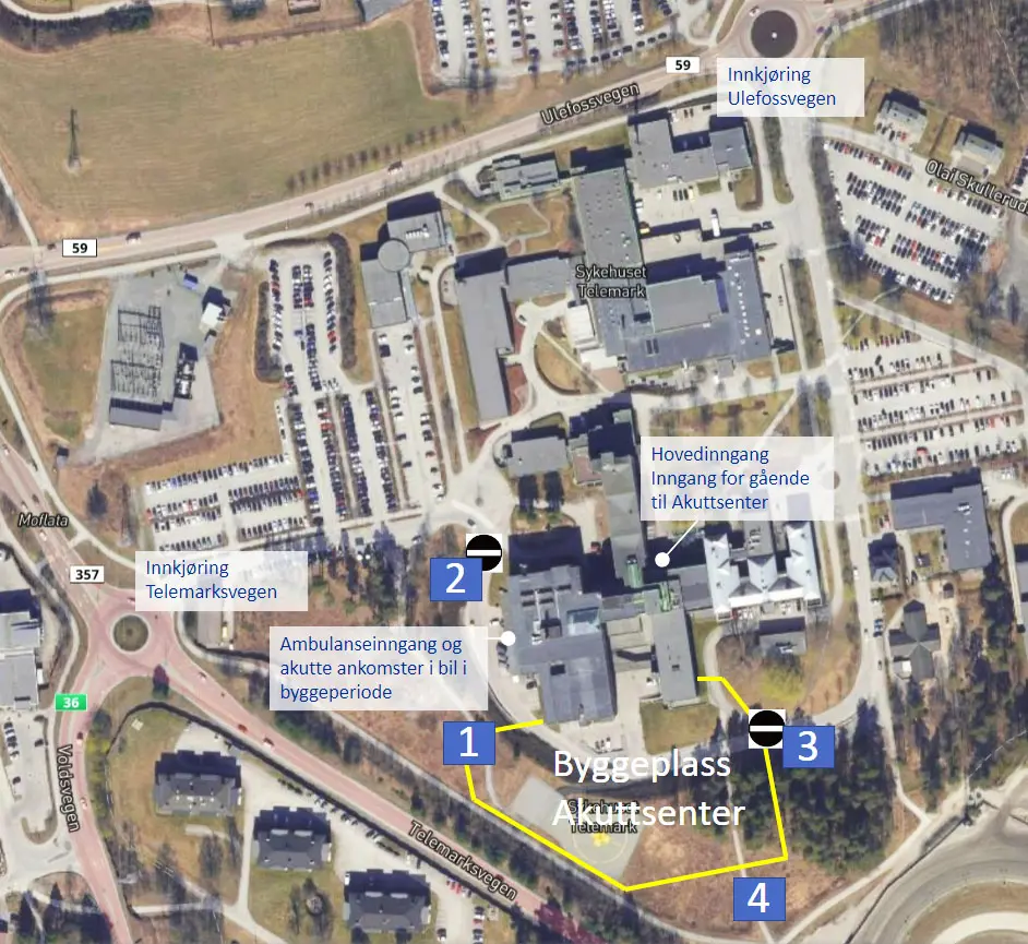 Illustrasjon: området rundt akuttsenteret med markering av stengning av vei og helikopterplass