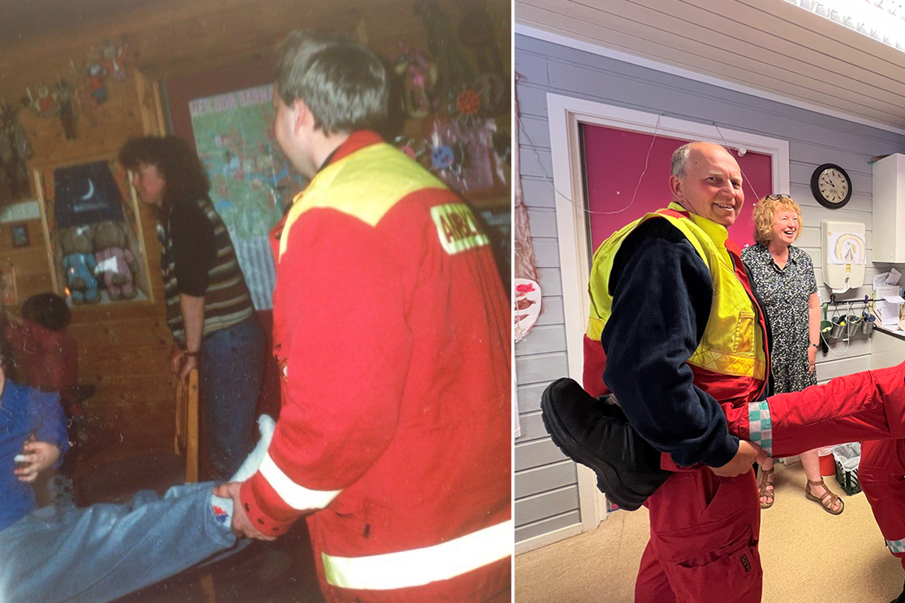 Idar Hagen Pryerdalen blir løftet av Tommy Nilsen og John Haatveit i 1996 og 2023. Barnehagesstyrer Turid Baasland bakgrunnen.