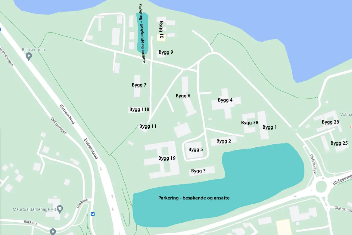 Kart over sykehusområdet i Skien, nord for Ulefossvegen med byggnr og parkering inntegnet.